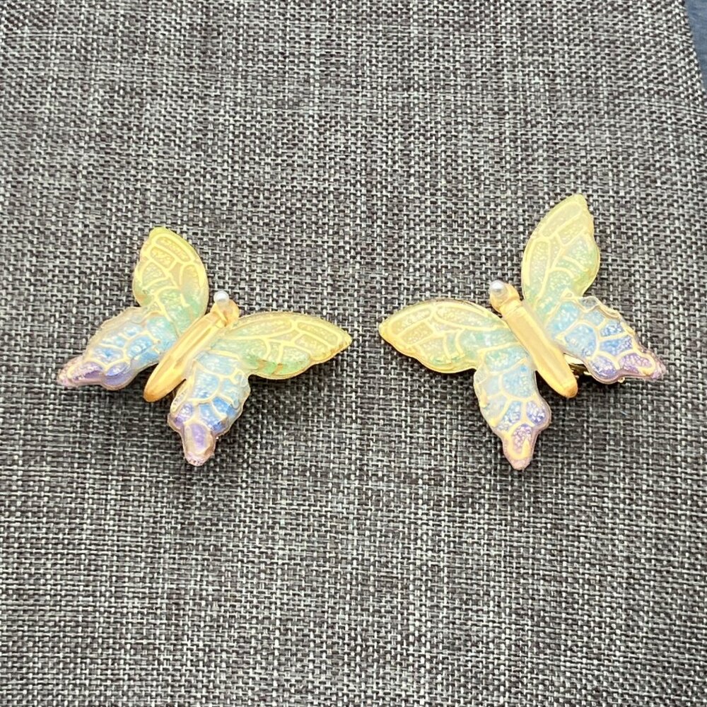 Two Butterfly Hair Clips 1.5 In Iridescent Gold Acrylic Alligator Back Retro 80s